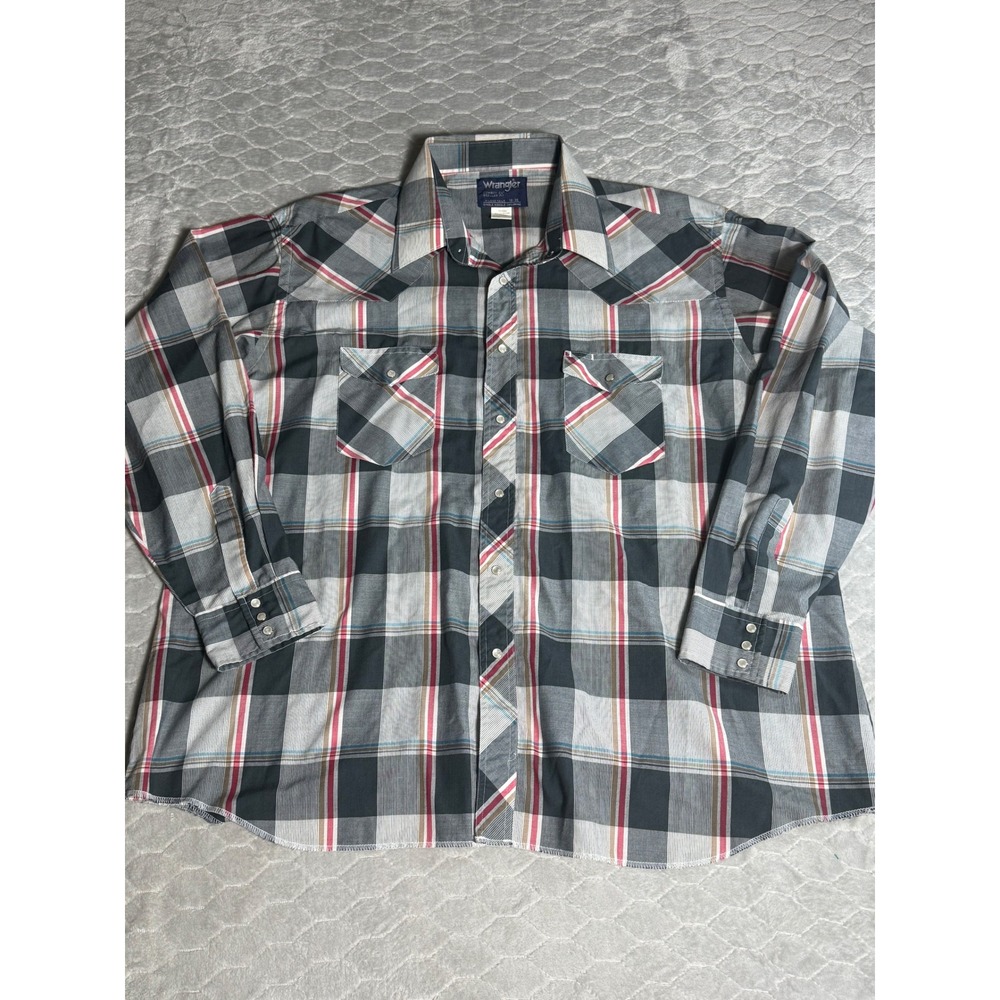 Wrangler Cowboy Cut Pearl Snap Shirt Mens 2XL Tall Plaid Western Grey 71125AA